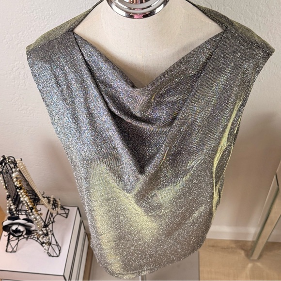 RtA Tops - NWT RtA Disco‎ Metallic Draped Cowl Neck Sleeveless Top Silver Gold M Edgy Luxe